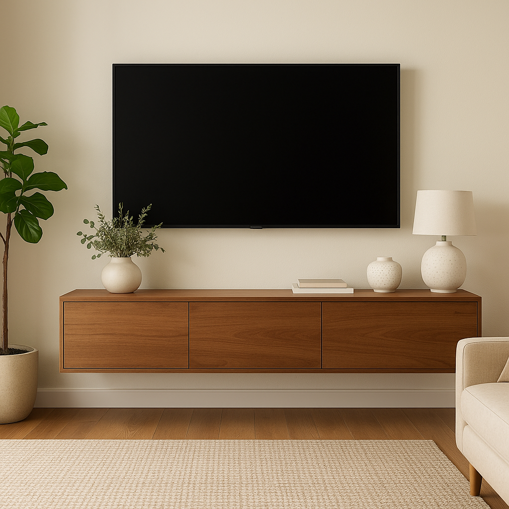 Minimalist living room featuring a wooden floating media console with decorative vases and a lamp, and a flat-screen TV mounted above on a beige wall, complemented by a potted plant and neutral-toned furnishings.