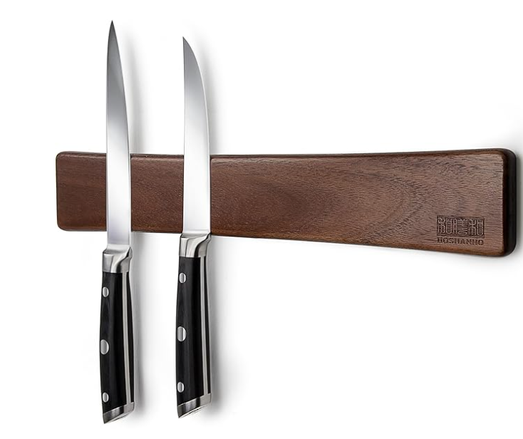 Sleek magnetic knife strip with 2 stainless silver knives with black handles