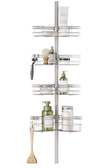 Silver chrome tension pole shower caddy