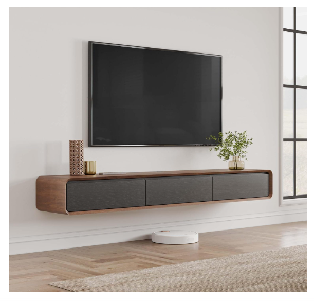 wide low floating media cabinet that is brown wood with black cabinet doors