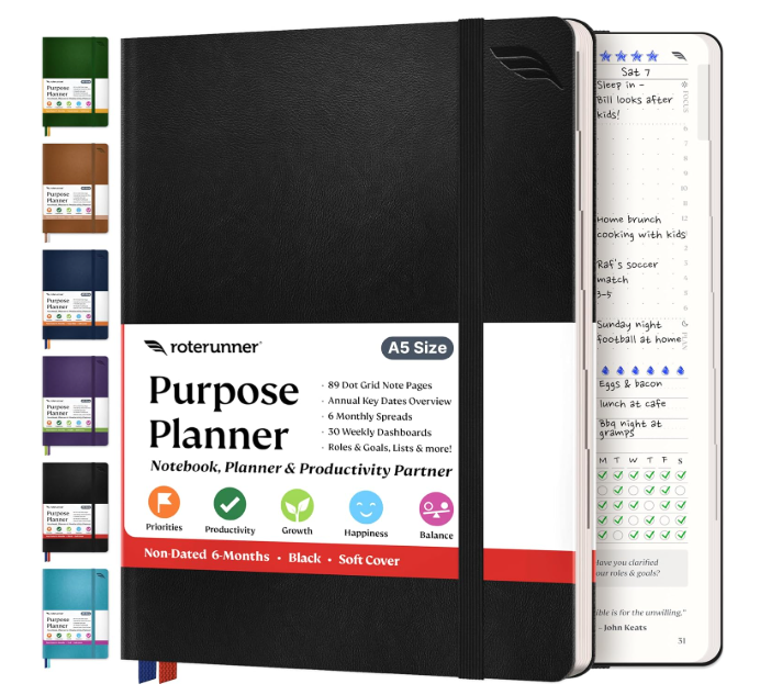 A black softcover A5-sized Purpose Planner by Roterunner, featuring a label that highlights its key features such as 89 dot grid note pages, annual key dates overview, 6 monthly spreads, and 30 weekly dashboards. The planner is designed to support priorities, productivity, growth, happiness, and balance. An inside peek shows a weekly layout with tasks, events, and checklists. Multiple color options are displayed on the left side of the image.