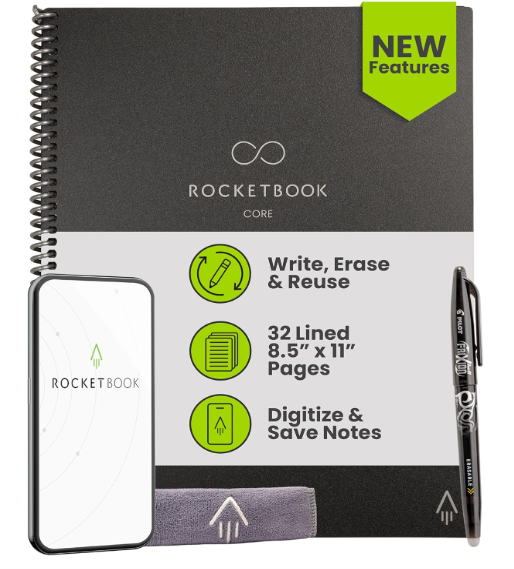 Rocketbook Core smart reusable notebook in black, featuring a spiral binding and labeled with "NEW Features." The notebook includes 32 lined 8.5" x 11" pages that allow you to write, erase, and reuse. Also shown are a Pilot FriXion pen, a microfiber cloth, and a smartphone displaying the Rocketbook app for digitizing and saving notes.