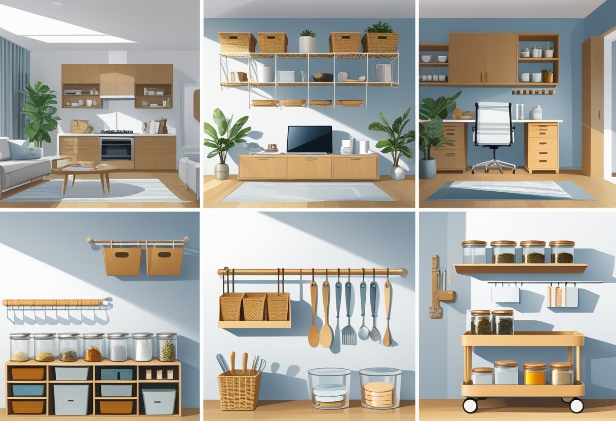 An organized home interior showing various rooms with different storage and organizing tools neatly arranged and in use.