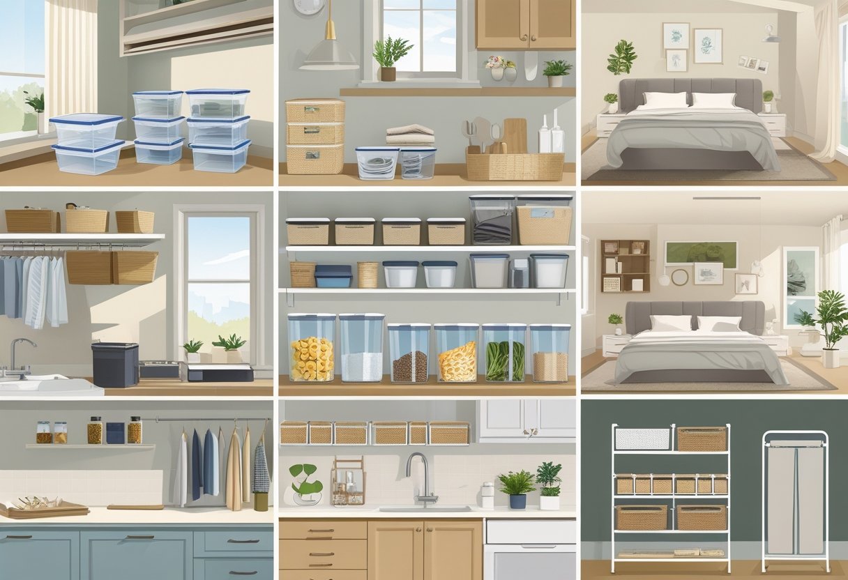 A neatly organized home interior showing various storage tools like bins, shelves, drawer organizers, and racks arranged in different rooms including living room, kitchen, bedroom, and bathroom.