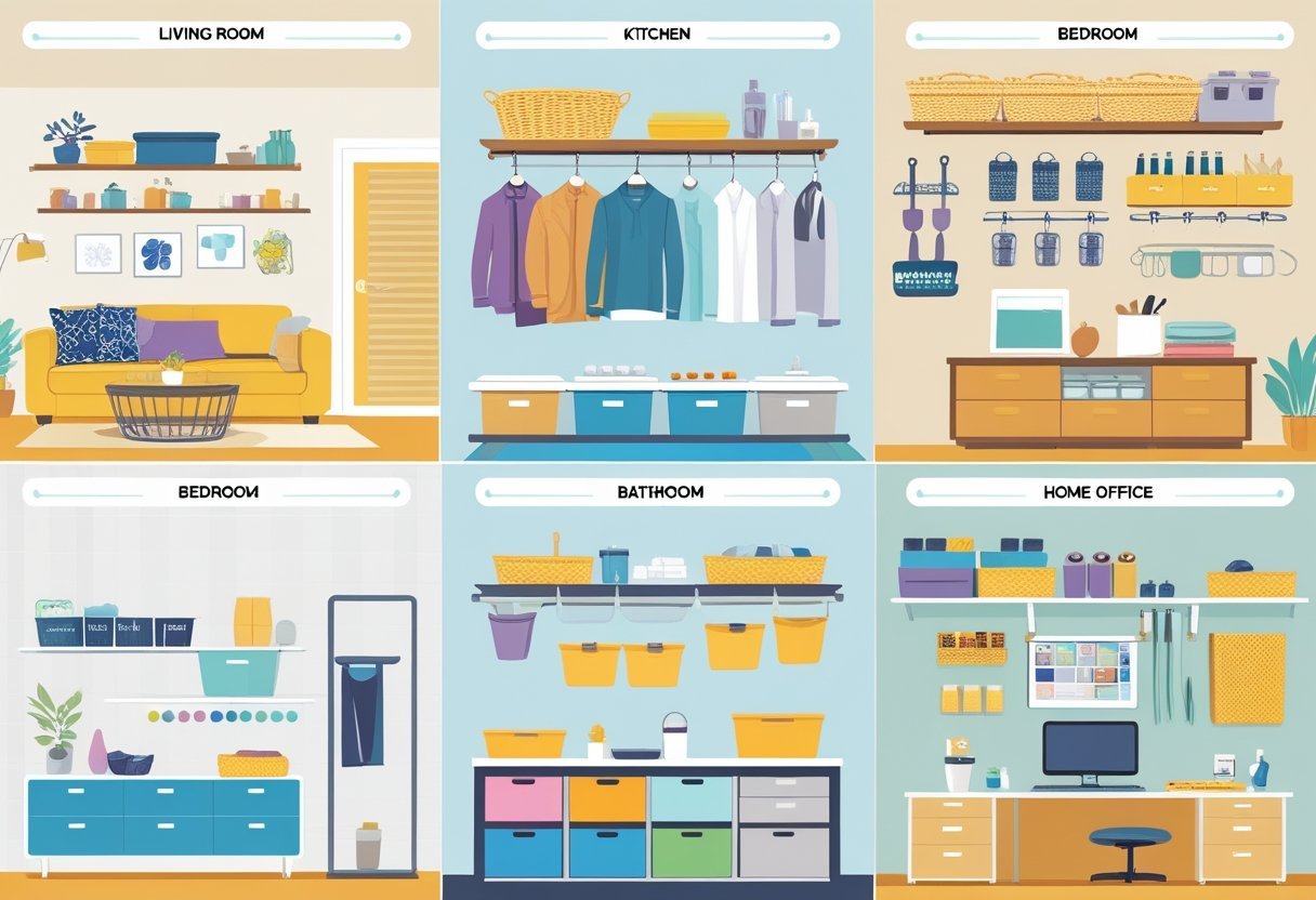 An illustration showing organizing tools arranged in different rooms of a home, including storage bins, drawer dividers, hooks, shelves, and organizers in the living room, kitchen, bedroom, bathroom, and home office.