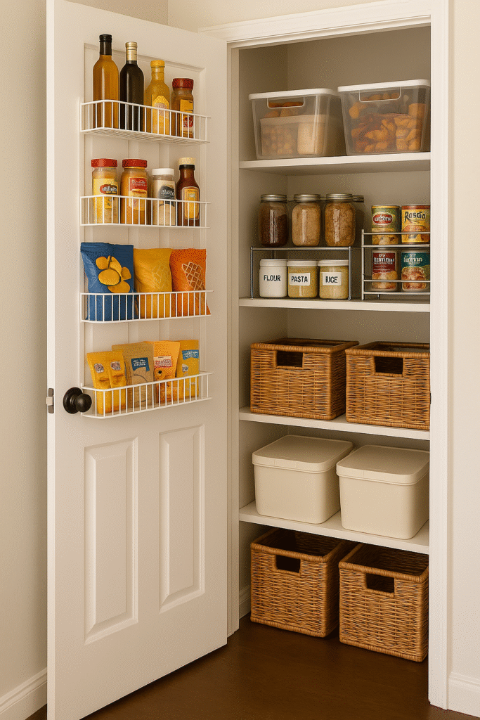 Small pantry closet with white shelves, featuring over-the-door wire storage racks holding sauces and snack bags. Inside, clear bins, labeled jars of pantry staples, canned goods on risers, and woven baskets are neatly arranged, maximizing vertical space and maintaining an organized, clutter-free look.