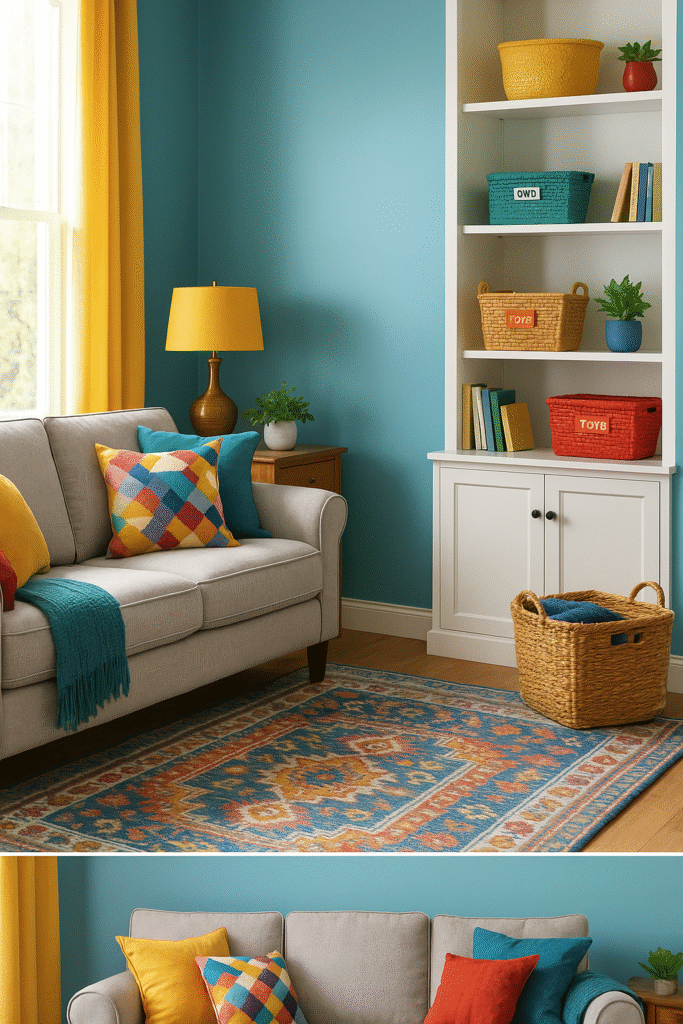 A cheerful, clutter-free living room with colorful pillows, a patterned rug, and neatly organized baskets on open shelves.