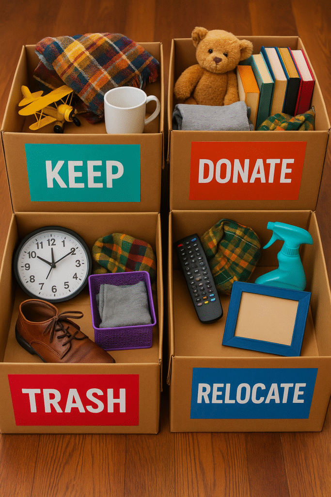 Four color-coded boxes labeled Keep, Donate, Trash, and Relocate filled with assorted household items.