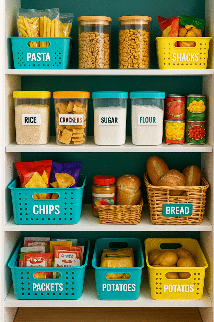 Pantry shelves arranged with colorful bins, teal and yellow baskets, and clear labeled containers for food storage.