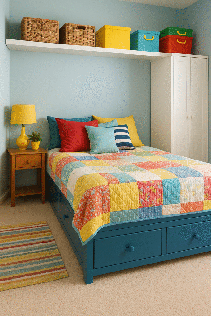 Small bedroom with under-bed storage drawers, colorful baskets on high shelves, and patterned bedding in bright cheerful colors.