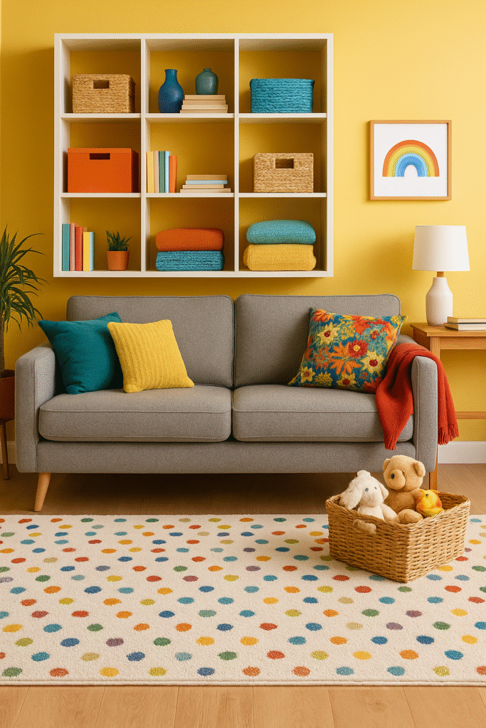Collage-style living room scene showing colorful organization: tidy shelves with baskets and blankets, bright pillows, and a toy basket on a patterned rug.
