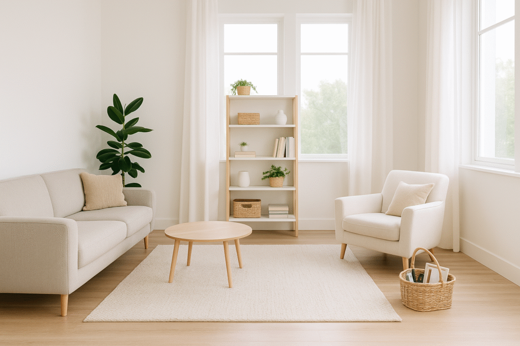 “Bright, clutter-free living room with a beige sofa, armchair, and wooden coffee table on a light rug. A bookshelf with plants and baskets sits against large windows with white curtains, and a wicker basket with books is placed on the floor, creating a calm, organized space.”