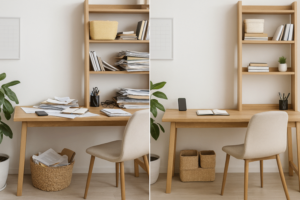 “Side-by-side comparison of a home office desk before and after decluttering. The left side shows a messy desk with stacks of papers, scattered supplies, and an overflowing basket. The right side shows a clean, organized desk with minimal items, neatly arranged books, and woven baskets for storage.”