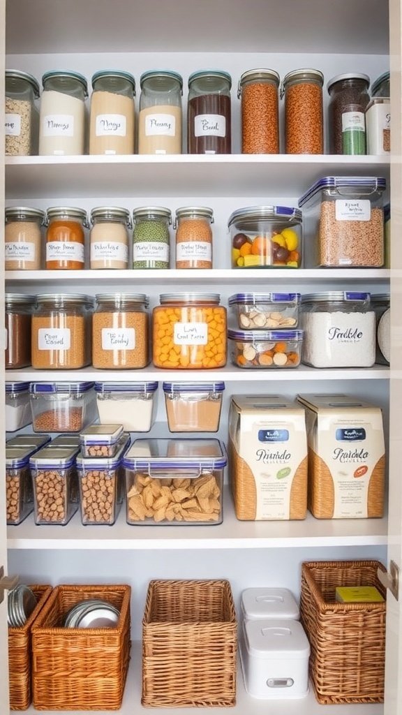 Organized pantry with labeled glass jars and clear plastic containers neatly arranged on white shelves. Items include dry goods, grains, snacks, and cereals stored in airtight containers, with woven baskets on the bottom shelf for additional storage. The layout is tidy, maximizing space and providing a clean, minimalist look.