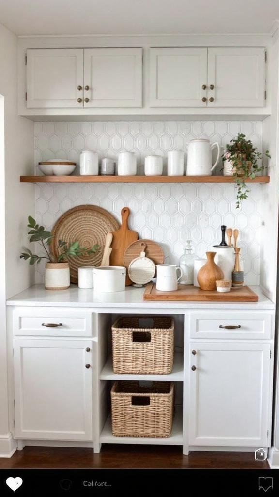 Stylish kitchen storage nook with white cabinets, wicker baskets, and wooden accents. A wooden shelf holds minimal white ceramic jars, bowls, and a trailing plant, while the countertop is decorated with cutting boards, vases, and greenery against a white textured backsplash, creating a cozy modern farmhouse vibe.