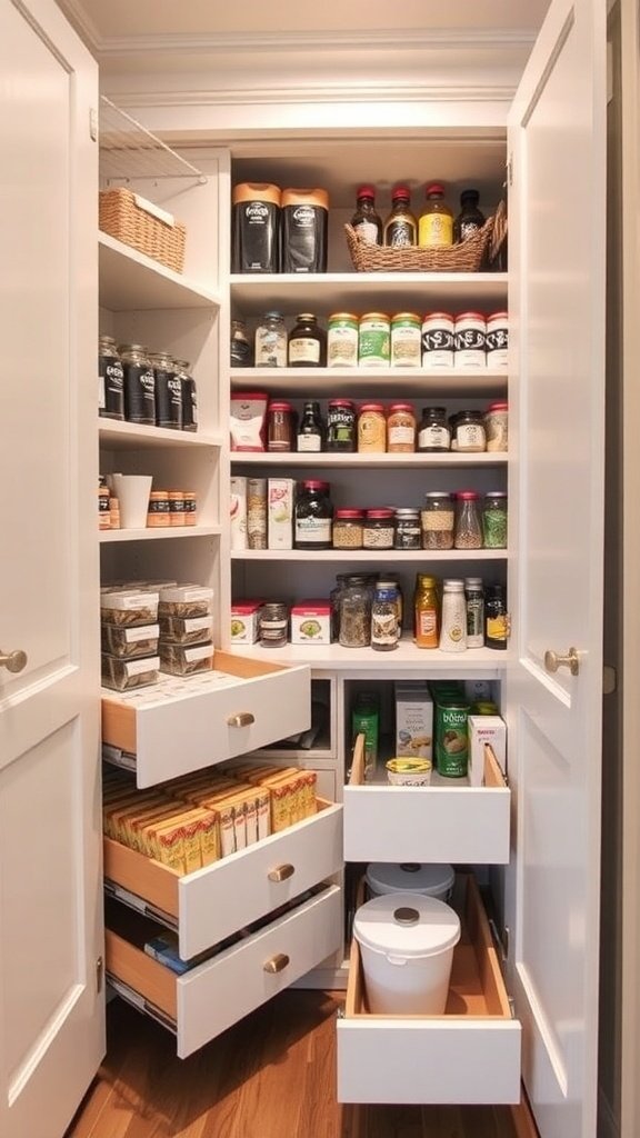 Neatly organized pantry with white cabinets and pull-out wooden drawers filled with boxed foods, dry goods, and containers. Shelves above hold jars, bottles, and baskets for sauces, condiments, and snacks. The space maximizes storage with a combination of drawers and open shelving, creating a clean and functional layout.