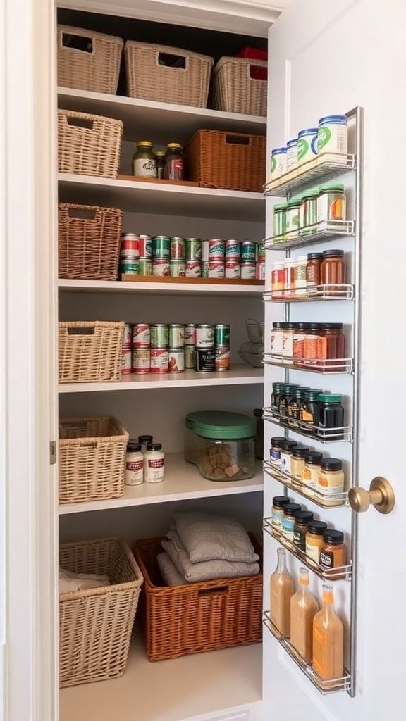 Organized pantry with wicker baskets on open shelves and canned goods neatly lined up. The inside of the pantry door features a mounted rack holding spices, sauces, and condiments. A mix of dry goods and household items are stored in labeled containers and baskets, creating a clean, functional storage solution.