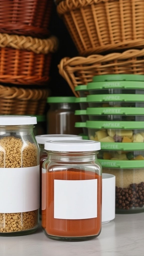 Close-up of organized pantry storage featuring glass jars with blank white labels holding dry goods like spices and grains. Behind them are stacked round green-lidded containers and woven baskets, showcasing a neat and rustic storage setup perfect for pantry organization.