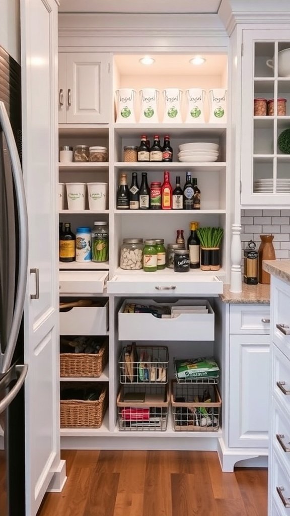 Modern kitchen pantry with white cabinetry and built-in shelves organized with baskets, pull-out drawers, and neatly arranged bottles and jars. The pantry includes labeled containers, spices, and snacks, creating a clean and functional storage space that blends seamlessly with the kitchen’s design.