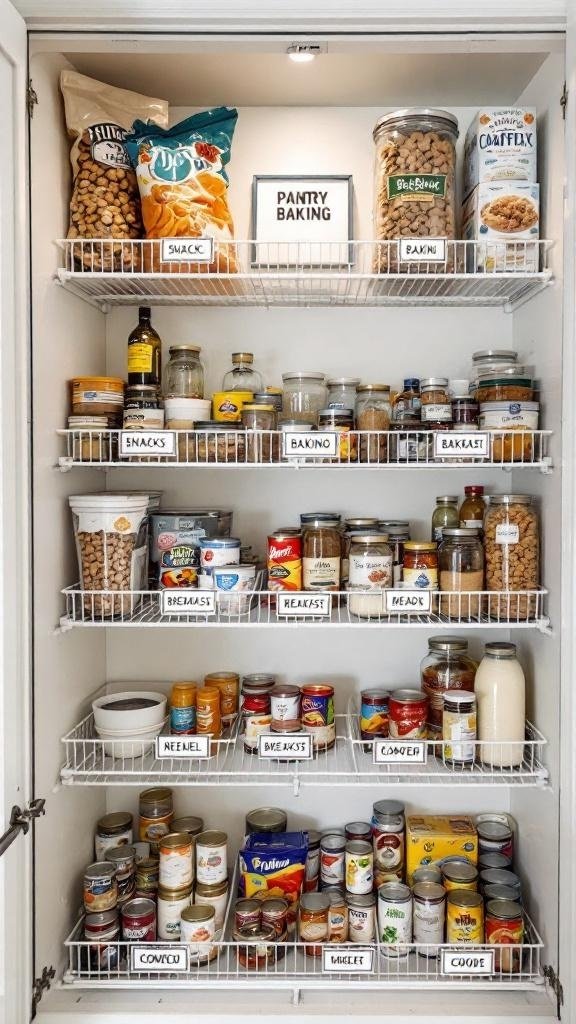 Organized pantry with white wire shelves labeled for snacks, baking, breakfast, and canned goods. Clear jars, cans, and packaged foods are neatly sorted by category, making items easy to find and visually appealing. The space maximizes vertical storage and maintains a clean, functional look for everyday use.