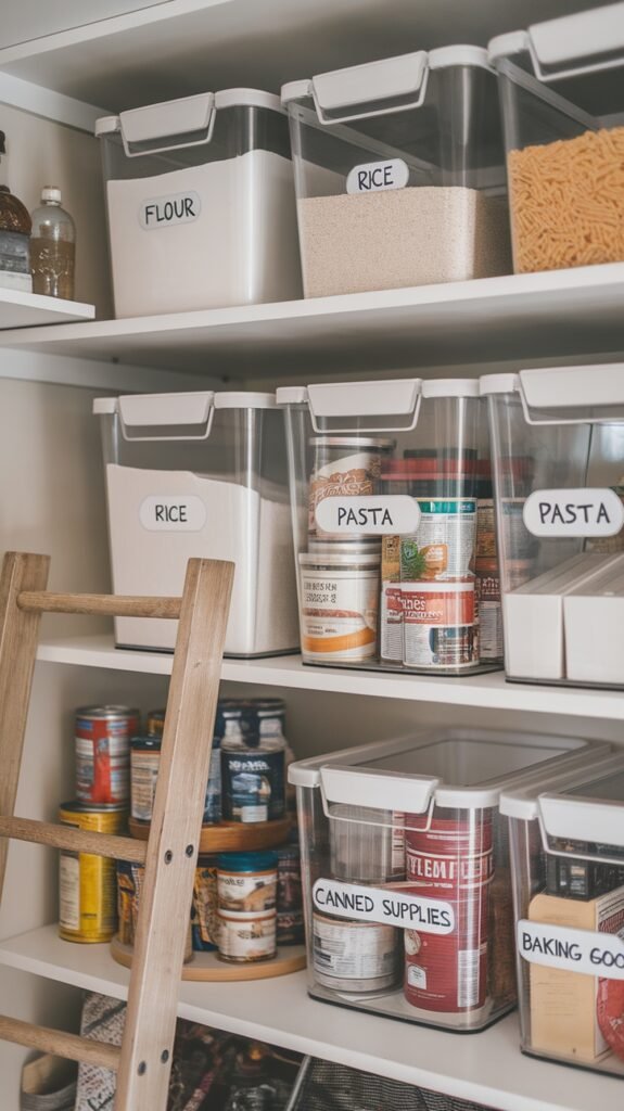 Organized pantry shelves featuring large clear bins labeled for flour, rice, pasta, canned supplies, and baking goods. Additional canned items are neatly stacked on a lazy Susan below. A small wooden ladder leans against the shelving, adding functionality and a rustic touch to the clean, modern storage setup.