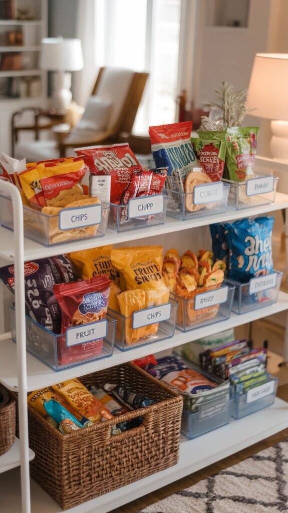 Open snack station with labeled clear bins organizing chips, fruit snacks, cookies, and family treats on white shelving. A woven basket holds extra packaged snacks on the bottom shelf. The setup is neatly arranged in a cozy living space, offering easy grab-and-go access for kids and family members.