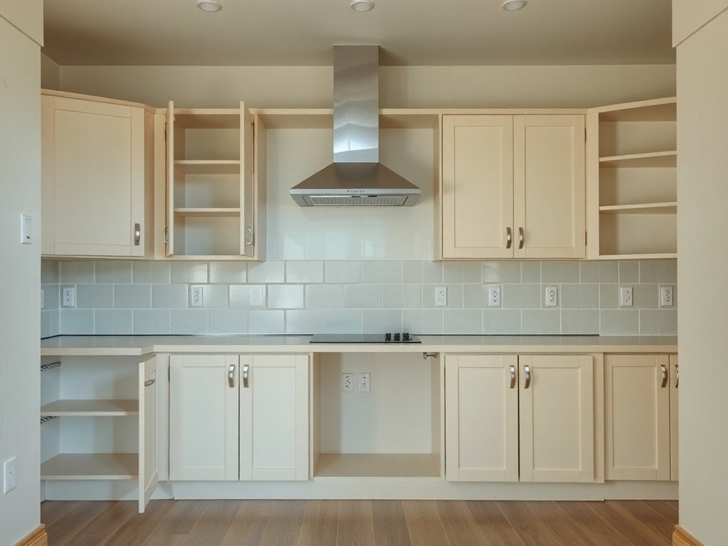 A modern kitchen with light wood cabinetry featuring open and empty shelves and cabinets, a stainless steel range hood, tiled backsplash, and wood flooring, ready for organization or renovation.
