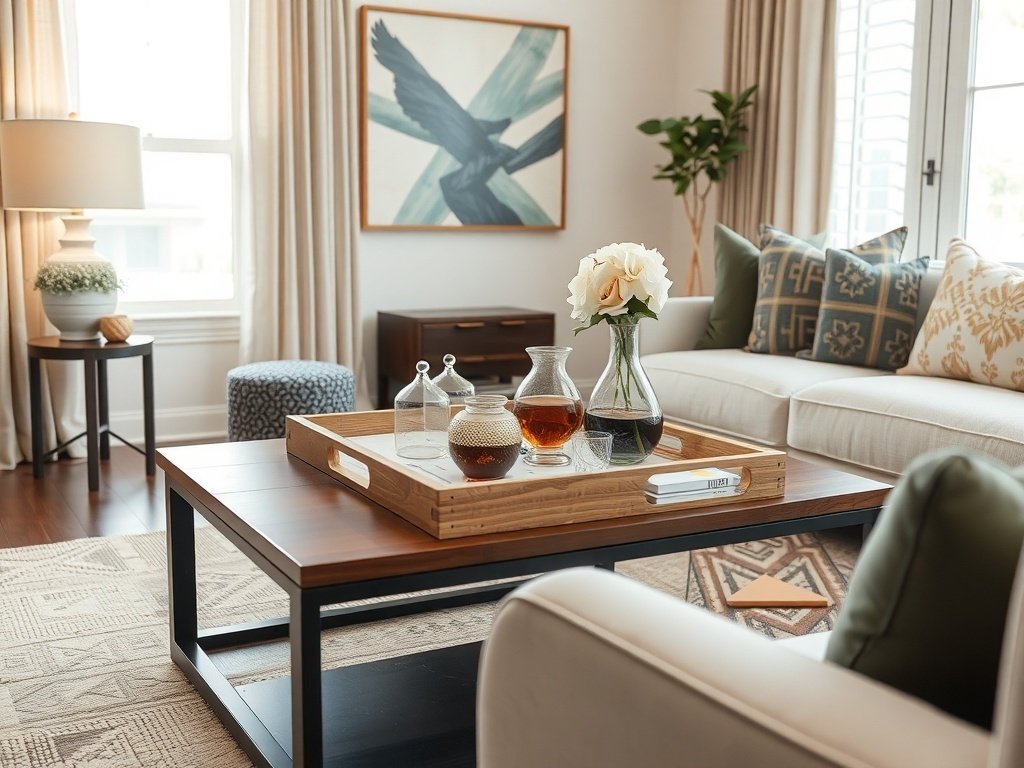 A modern living room with a wooden coffee table featuring a decorative tray holding glass carafes, a small vase with white flowers, and coasters, surrounded by a beige sofa with patterned pillows and soft natural light from large windows.
