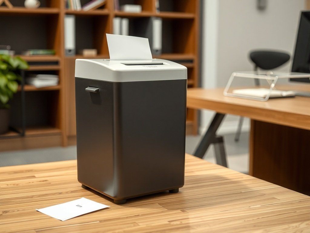 A black and white paper shredder placed on a wooden office desk, shredding a sheet of paper, with bookshelves and another desk visible in the background.