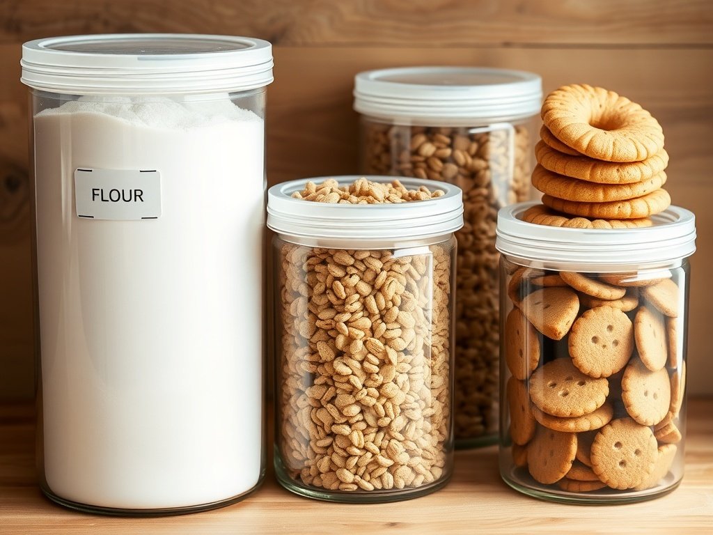 A set of clear airtight food storage containers filled with flour, cereal, and cookies, neatly arranged on a wooden countertop with labeled lids for easy organization.