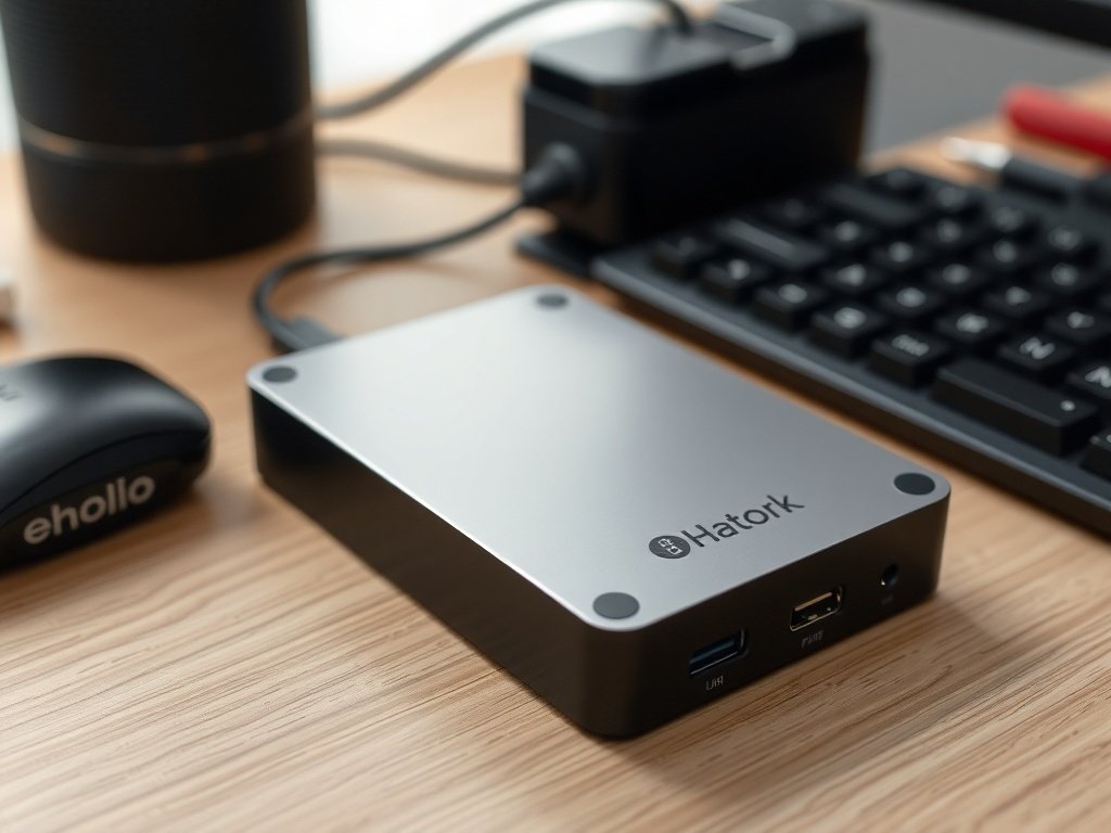 A sleek external hard drive labeled “Hatork” placed on a wooden desk, connected via cable, with a computer keyboard, mouse, and power adapter nearby.