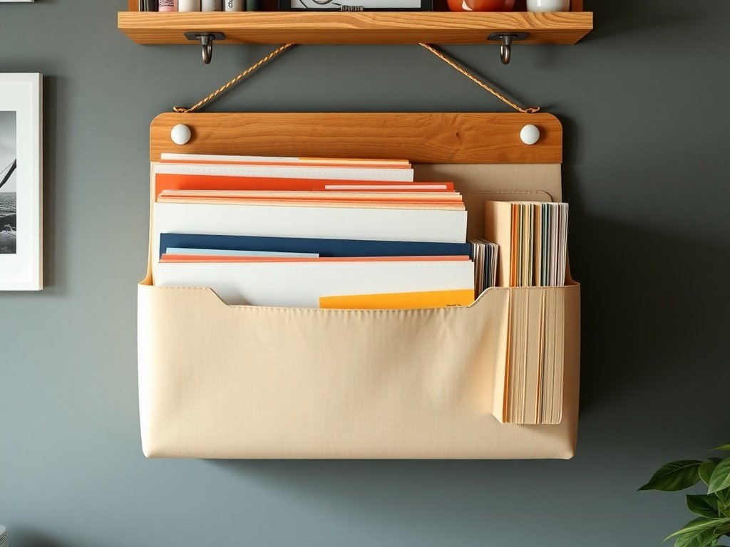 A beige hanging wall file organizer with wooden backing, holding assorted colorful folders and documents, mounted on a gray wall beneath a wooden shelf with decorative items.