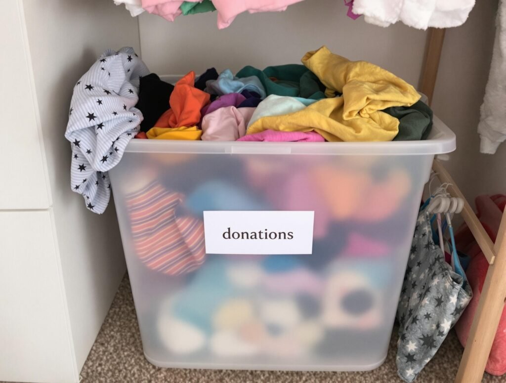 A clear plastic bin labeled “donations” filled with colorful folded children’s clothes, including striped and star-patterned items, placed under a closet shelf.