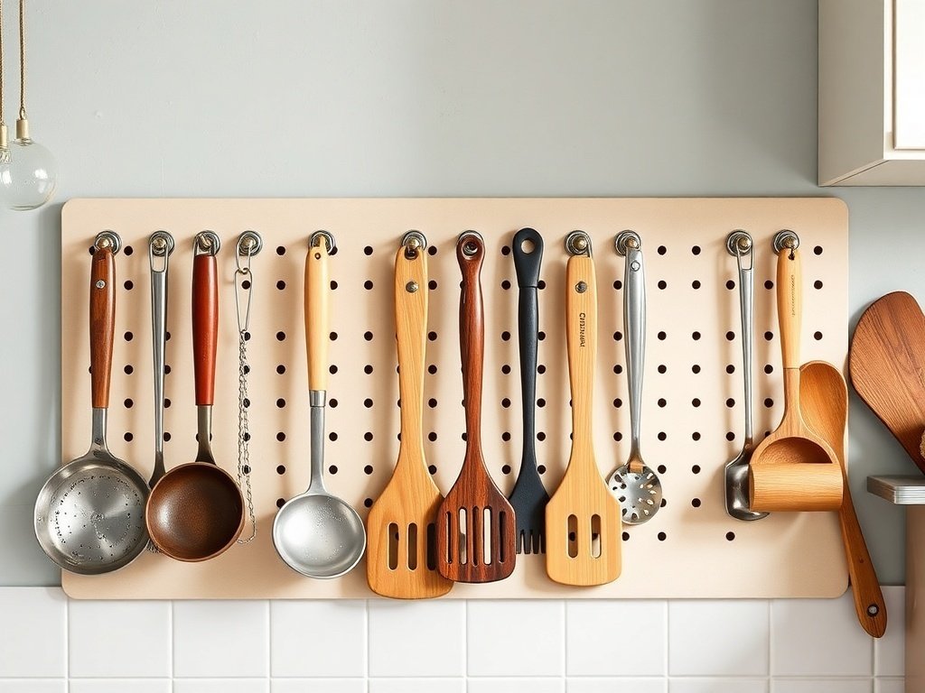A wall-mounted pegboard in a kitchen holding various cooking utensils, including ladles, spatulas, and wooden spoons, neatly organized above white tiled backsplash.