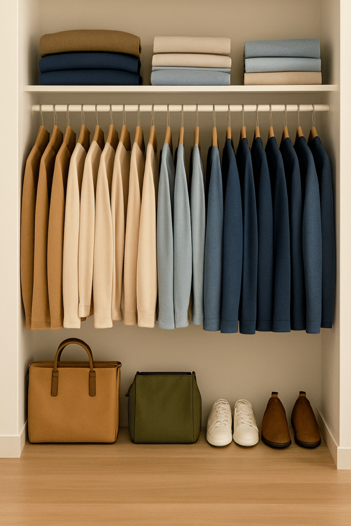 helf, and handbags and shoes arranged neatly on the floor, photographed in a vertical 9:16 format."