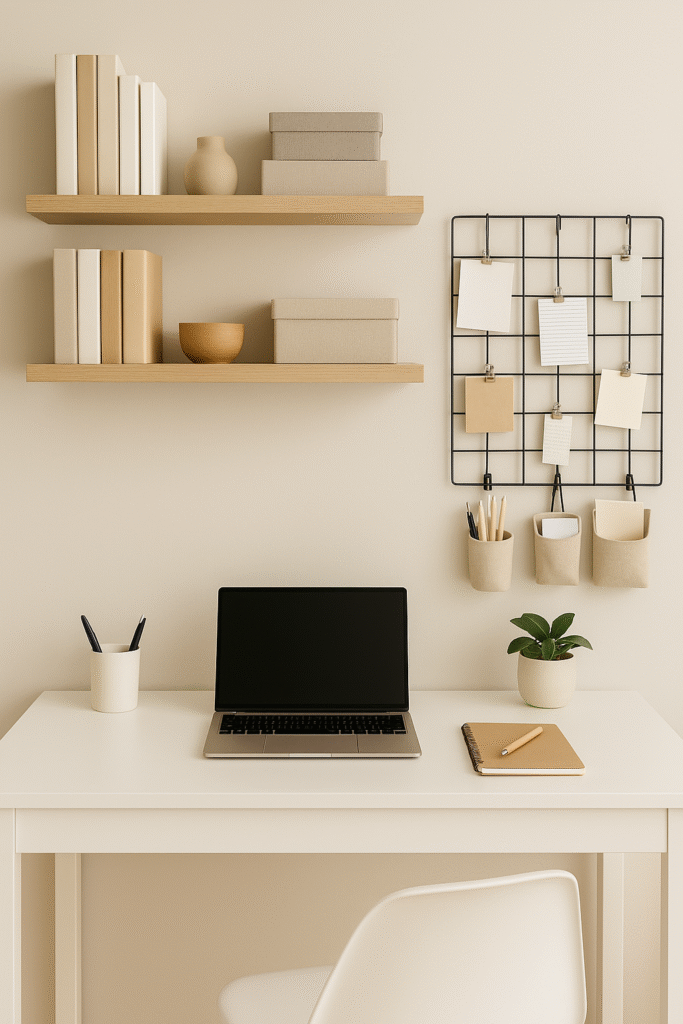 A minimalist home office setup with a small white desk, a closed laptop, a notebook with a pencil, and a ceramic cup holding pens. Above the desk are two wooden floating shelves with neatly arranged books, boxes, and decor items. To the right, a black wire grid organizer holds notes and stationery in fabric pouches. A white chair and a small potted plant complete the clean, organized look.