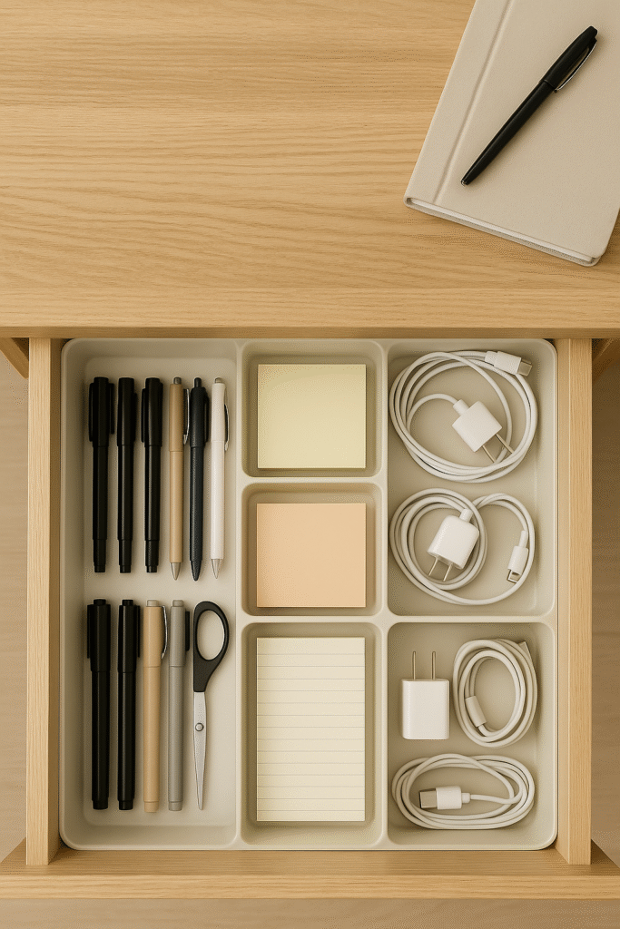 A top-down view of an open wooden desk drawer neatly organized with plastic dividers. One section holds pens, markers, and scissors; another contains sticky notes and notepads; and separate compartments store coiled charging cables and power adapters. A beige notebook with a black pen rests on the desk surface above.