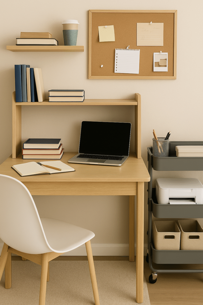  A compact student desk in a dorm room with textbooks and a laptop neatly arranged on the surface. A small hutch on the desk holds extra books. Above, a bulletin board and a wall shelf display notes and supplies. To the side, a rolling cart holds a printer and storage bins, maximizing small-space efficiency.