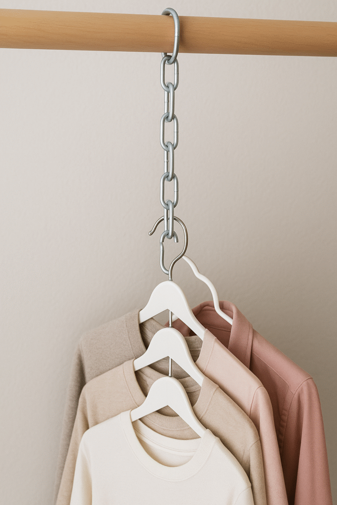 "Close-up of a closet rod with a sturdy metal chain hanging down. Several white hangers are hooked into the chain links, each holding neutral-colored shirts arranged vertically to maximize closet space."