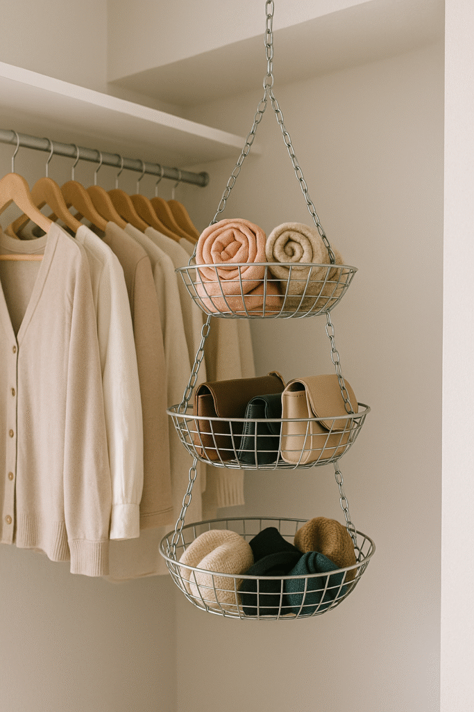 "Inside a closet, a three-tier wire hanging basket is suspended from the ceiling, with rolled scarves in the top basket, small purses in the middle, and knit hats in the bottom basket, maximizing vertical storage space next to neatly hung clothing."