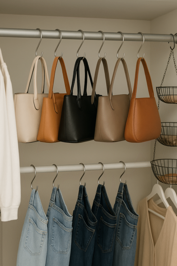 "A closet rod with handbags neatly hung on metal S-hooks, each spaced apart for easy visibility. Below, jeans are hung by their belt loops on additional hooks, keeping them tidy and saving closet space."