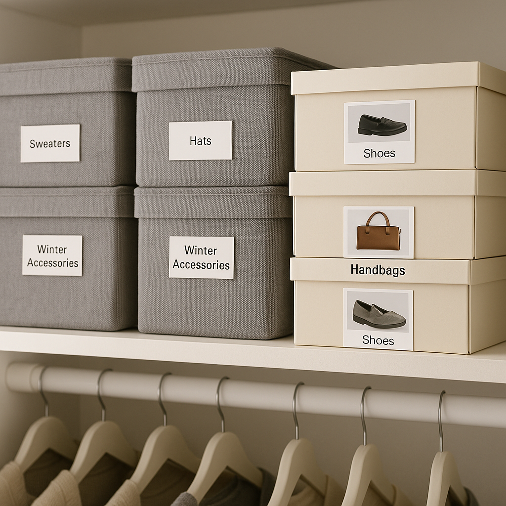 "A closet shelf neatly arranged with gray fabric bins and cream shoeboxes, each clearly labeled. Some boxes also feature small photo snapshots showing their contents, like shoes and handbags, making it easy to identify items at a glance."