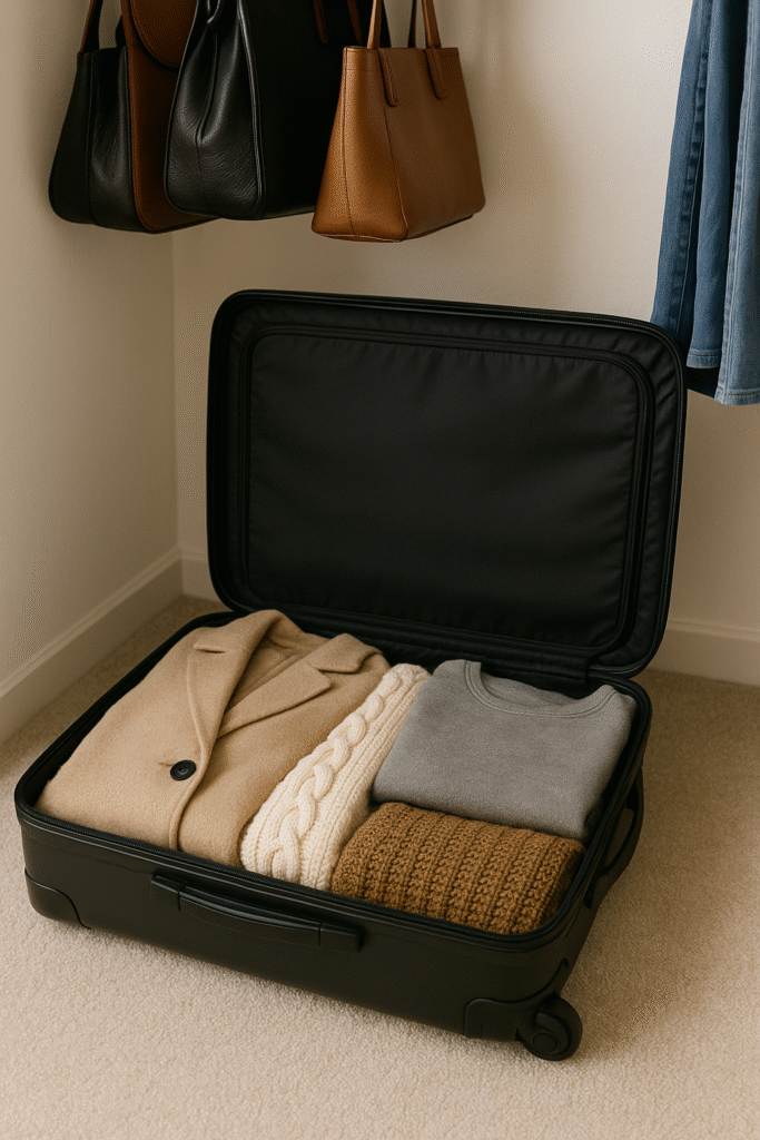 "An open black suitcase on the floor of a closet, neatly packed with folded off-season clothing including sweaters and coats, showing how luggage can double as storage inside a small closet."