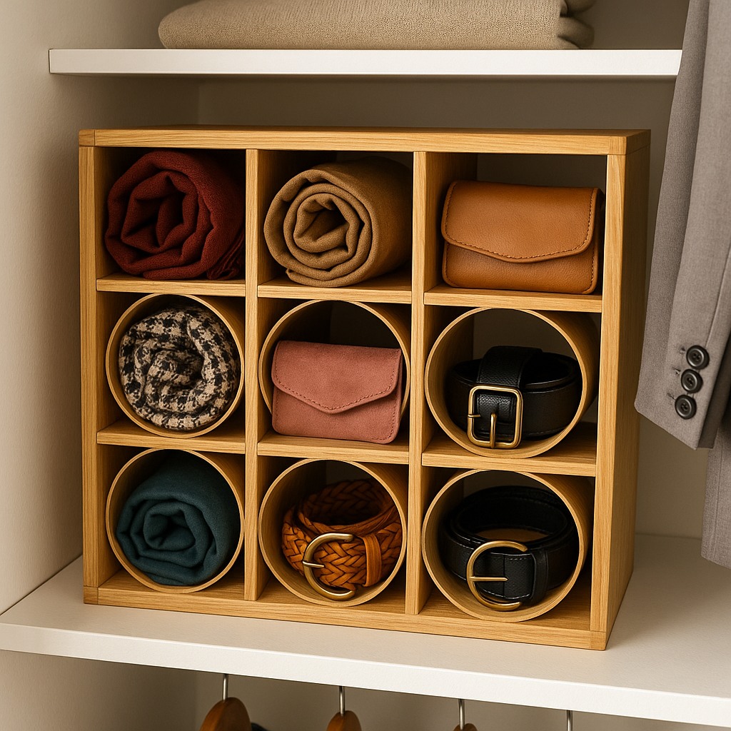 "A wooden wine rack repurposed as a closet organizer on a shelf, its cubby holes neatly filled with rolled scarves, clutch purses, and belts, creating an organized and stylish storage solution."
