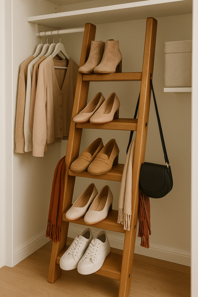 "A repurposed wooden ladder placed inside a closet, redesigned with thick, flat rungs that allow shoes to sit fully and securely. Several pairs of shoes are neatly displayed on the rungs, while scarves drape over the sides and a black handbag hangs stylishly, creating extra storage in a fashionable way."