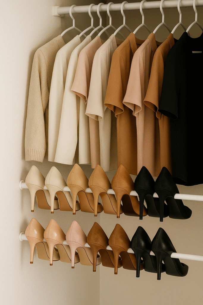 "A small closet setup with two white tension rods mounted closely in parallel underneath hanging clothes. Both rows of high-heeled shoes are turned backward and hung securely by their heels, creating a symmetrical, tiered DIY shoe rack that mirrors the top row perfectly."