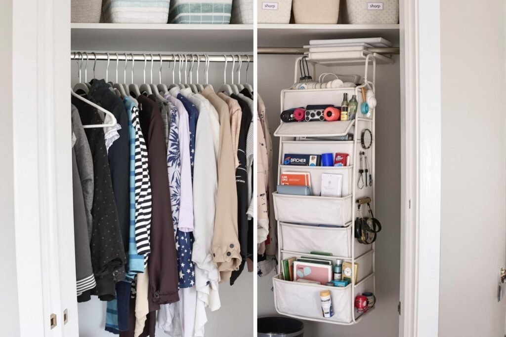 "Small closet organized with hanging clothes on the left and an over-the-door organizer on the right, storing accessories, toiletries, and miscellaneous items in labeled pockets, with baskets neatly arranged on the top shelf."