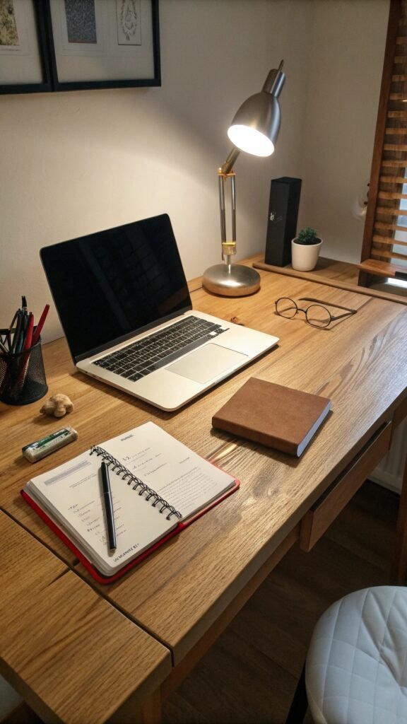 Desk organization setup featuring a wooden desk with a laptop, open planner and pen, closed notebook, eyeglasses, and a lit desk lamp. A pencil holder, small potted plant, and decor items create a tidy and functional workspace.