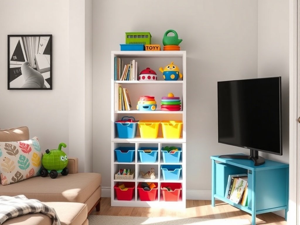 Bright living room corner with a white toy storage shelf holding colorful bins, books, and toys, a small blue TV stand with a flat-screen TV, and a beige sofa with patterned pillows and a green toy caterpillar.
