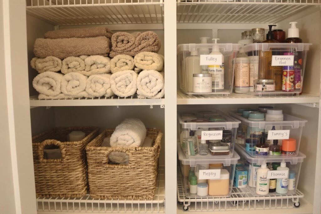 "Organized bathroom linen closet with neatly rolled and stacked towels on the left shelves, woven baskets for storage, and clear labeled bins on the right holding toiletries, skincare products, and medicine."